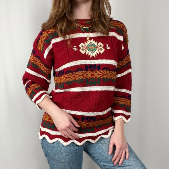 Stunning Vintage Oversized Western Bohemian Aztec Southwestern Boho Knit Sweater - Picture 3 of 9